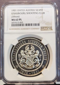 1901 AUSTRIA SILVER STRASBOURG SHOOTING CLUB NGC MS 62 PL RARE MEDAL TOP POP 1 - Picture 1 of 3