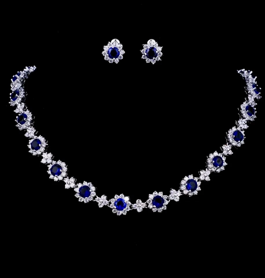 18k White Gold Plated Necklace Earrings Set made w Swarovski Crystal Blue Stone - Image 1 of 4