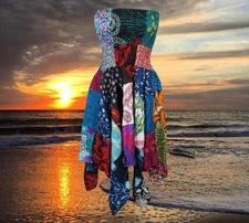 Women’s Strapless Dress Patchwork Sundress, Blue Summer Dress, Hippie Dress S/M