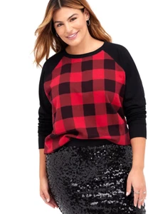 TORRID ( 00X ) M/10 RED BLACK Cozy Fleece Crew Raglan Sweatshirt Buffalo Plaid - Picture 1 of 4