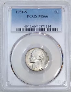 1951-S Jefferson Nickel PCGS MS66 90% FS brillante lucentezza PQ bella moneta #T65C - Foto 1 di 5