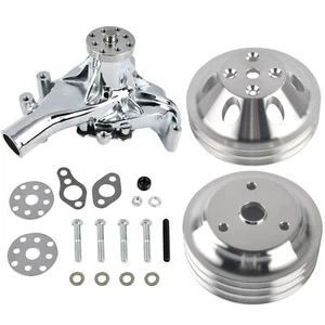 Chrome Long Water Pump& 2 / 3 Groove Crankshaft Pulley Kit for SBC Chevy 305 350 - Picture 1 of 10