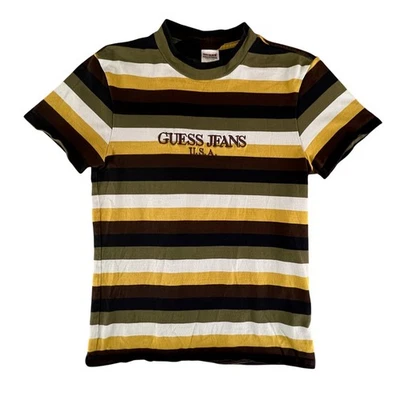 Vintage 90s Guess Jeans Striped Tee XS USA Made Unisex Streetwear Hip Hop Retro - Image 1 of 4
