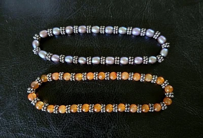 🟡PULSERAS ELÁSTICAS HONORA 925 PAVO REAL ESTERLINA F-W PERLA Y CORNALINA NARANJA Foto 1 de 4