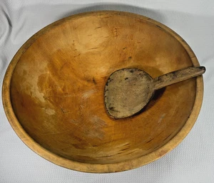 Antica ciotola pasta primitiva in legno 15" con mestolo paletta intagliato a mano rustico Farmho - Foto 1 di 3
