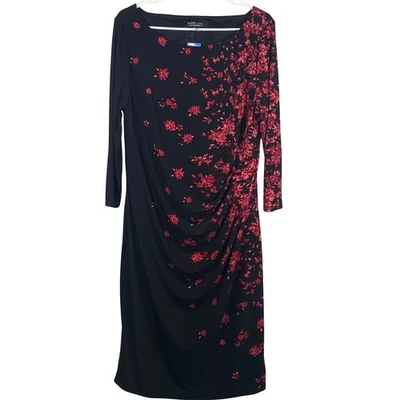 Vestido Evan-Picone para mujer XL etiqueta negra rojo y negro floral midi manga 3/4 Foto 1 de 4