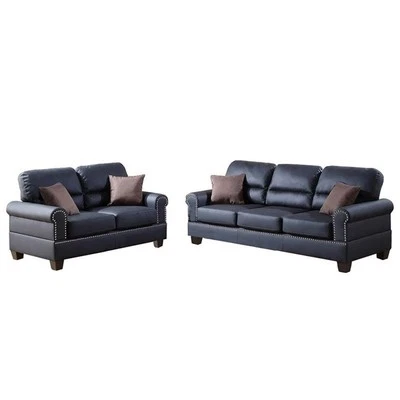 Poundex Furniture 2 Piece Faux Leather Sofa and Loveseat Set in Black Color - Image 1 of 4