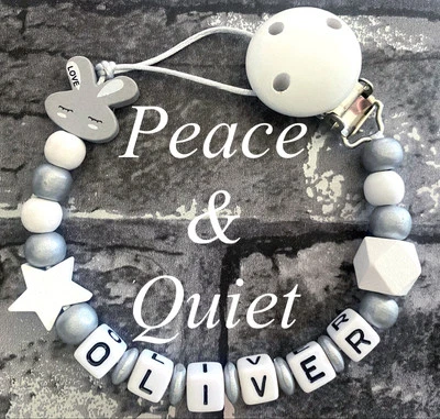 PEACE & QUIET Personalisierter Schnullerclip🖤Holz🐰 Stern🐰silber🖤grau🐰Mädchen🖤Junge🐰Hase🖤 Chunky