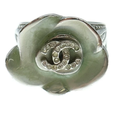 CHANEL 04P Coco Mark Rhinestone Flower Ring Silver Hardware Light Green - Image 1 of 4