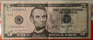 Circulated $5 Bill ending with Rare 888 Serial Number QL72632888A Lincoln - Picture 1 of 2