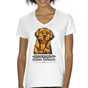 Life is Better With My Golden Retriever Women's V-Neck T-shirt Dog Owner Tee - Picture 1 of 77