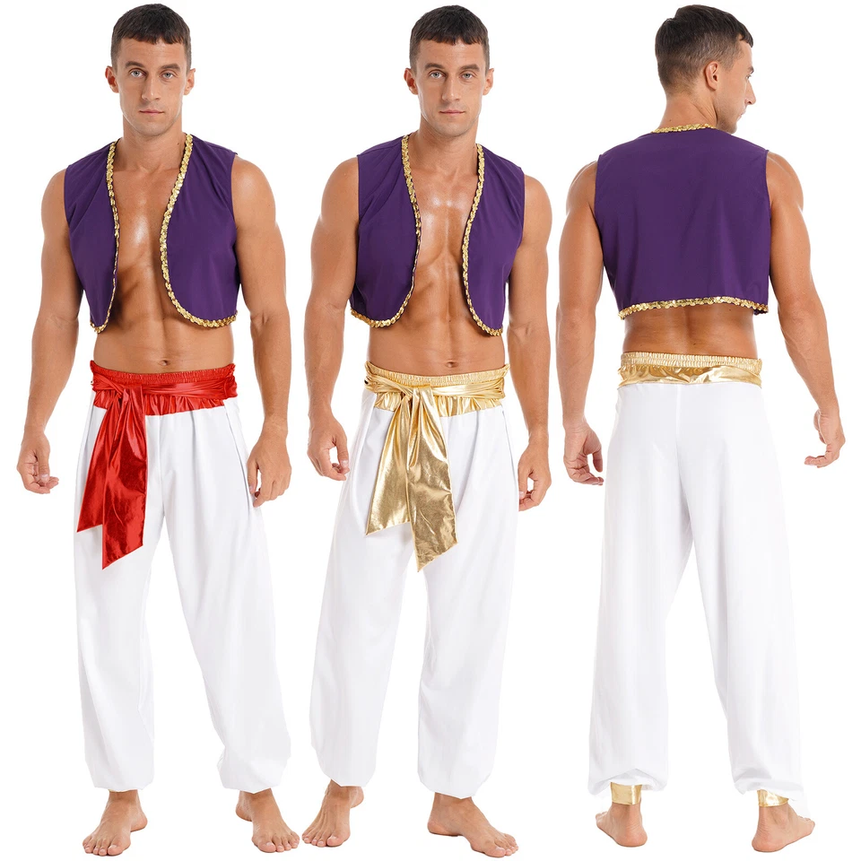 TiaoBug Homme Prince Arabe Costume Ensemble Gilet Tops avec Pantalon Aladdin Déguisement - Photo 1/1