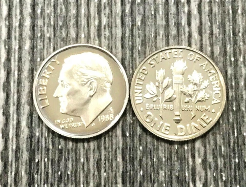 1988 P D S Roosevelt Dime From Mint Sets In Mint Cello & CAM  Proof (3 coin set) Cover