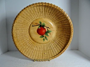 Round Woven Open Basket Hand Painted Apple Signed 12" Farmhouse Rustic Cottage - Picture 1 of 6