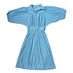 70s 80s vintage balloon sleeve stripe dress pointed collar midi flared zip up - Picture 1 of 10