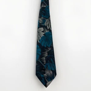 Bachrach Vollseidenkrawatte Herren schwarz silber blau Monstera Print Made in Italy - Bild 1 von 4