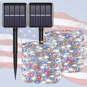 Red White Blue Solar String Each 100LED 33Ft Patriotic Lights Memorial 2 Pack - Picture 1 of 4