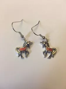 Orange Fire Opal GemStone UNICORN/HORSE Silver Dangle Earrings-E8868 - Picture 1 of 3