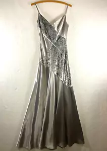 Abito donna vintage Tadashi Shoji formale slip taglia 6 grigio argento raso velluto glam Y2K - Foto 1 di 17