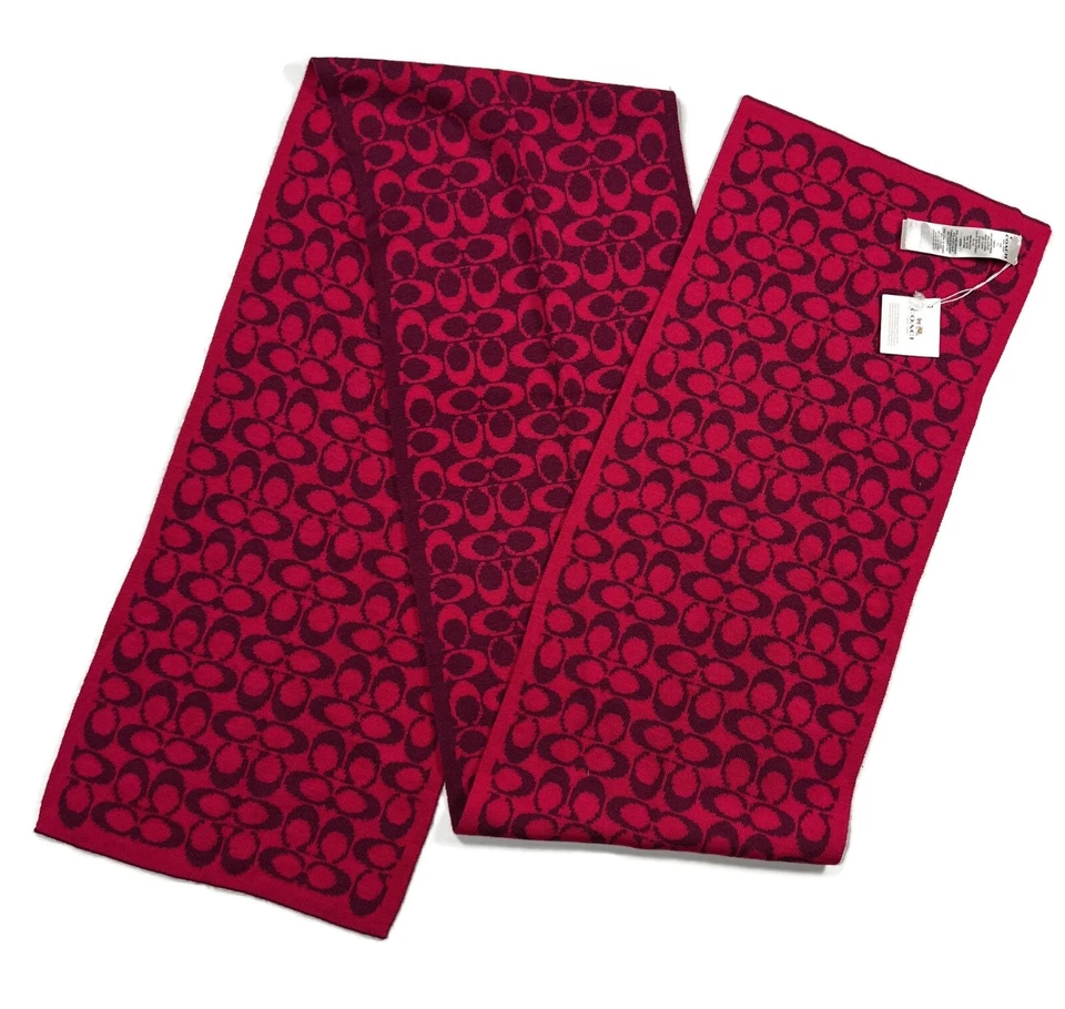 COACH Signature C Knit Scarf Reversible Fuchsia Merino Wool 10.5 x 72 New NWT - Image 1 of 4