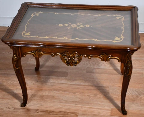 1920 Antique French Louis XV Walnut floral inlay Coffee table with Glass Tray Cover
