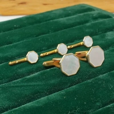 Vintage Octagonal White Iridescent cufflinks and studs men's formal jewelry - Image 1 of 4