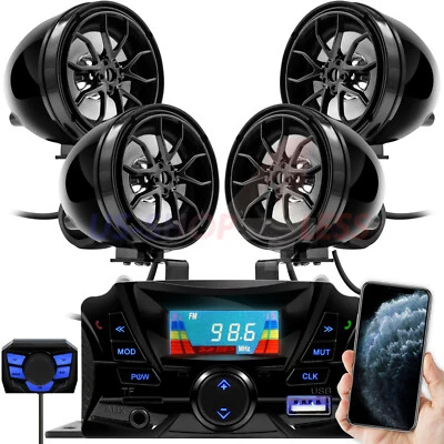 Bluetooth Motorcycle Stereo 4 Speakers Handlebar Audio System AUX USB FM Radio - Image 1 of 4
