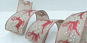 5 yards 2.5" wide Red Glitter Reindeer w/Snow on Burlap Print Wire-edged Ribbon - Picture 1 of 3