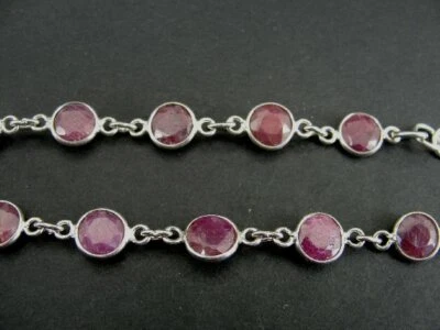 Bracelet Sterling Ruby Quartz Faceted Stones Silver 925 Link 9" Long Bracelet  - Image 1 of 4