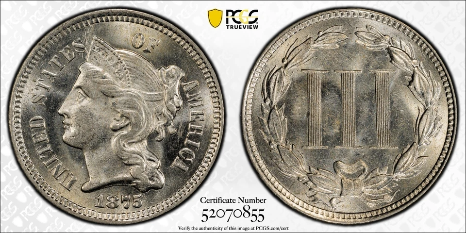 1875 THREE CENT PIECE PCGS CERTIFIED MS--63 GORGEOUS WHITE COIN!   #9 - Image 1 of 3