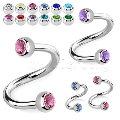 2pcs 18G 16G 14G Surgical Steel Double Gem Spiral Ear Helix Cartilage Lip Labret - Image 1 of 4