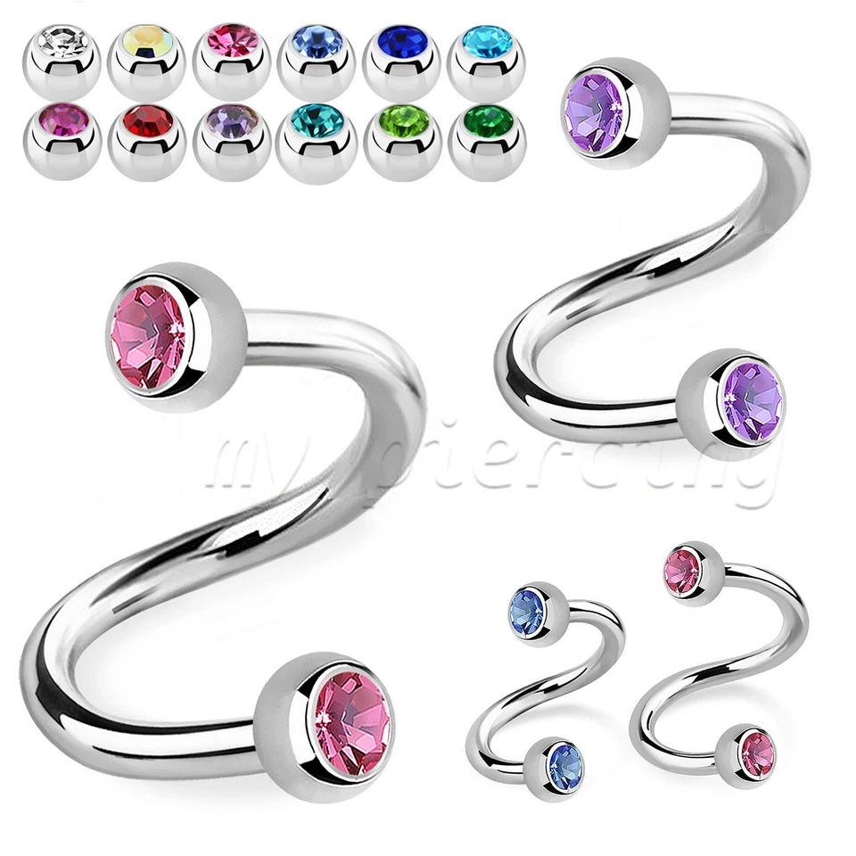 2pcs 18G 16G 14G Surgical Steel Double Gem Spiral Ear Helix Cartilage Lip Labret - Image 1 of 4