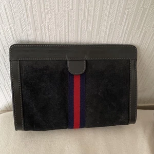GUCCI Suede Sherry Line Black Clutch Bag PVC Leather Vintage Authentic Italy - Picture 1 of 4