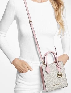 $348 Michael Kors Mercer XS Crossbody Satchel Bag, Vanilla Powder Blush Pink - Picture 1 of 6