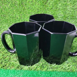 Arcoroc France Black Glass Octagon OCTIME Coffee Mugs Cups Set of 3 Vintage 8 oz - Picture 1 of 2