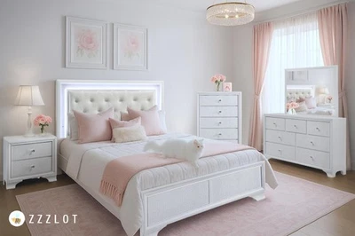 NEW LED White 5PC Queen King Twin Full Modern Glam Bedroom Set Bed/D/M/N/C - Image 1 of 4