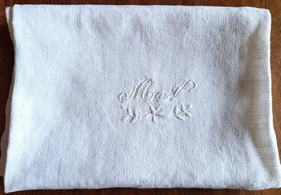 Serviette de table en lin damassé monogrammée M.N.- 90 cm X 73 cm - Photo 1/3