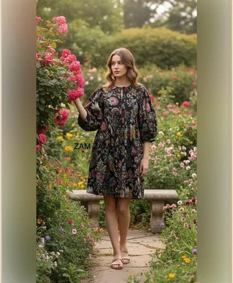 Mini vestido de verão floral estampa de bloco de mão algodão estilo boêmio Kyra - Imagem 1 de 4