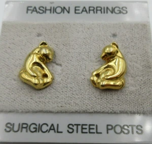 new Vtg gold tone cat pierced stud Earrings Surgical Steel Posts Costume Jewelry - Picture 1 of 3