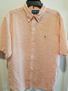 Ralph Lauren Mens Sz 2XL Orange Check Seersucker Classic Fit Button Up Shirt