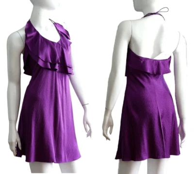 NWT Halston Heritage 100% Silk Purple Ruffle Flowy Tie Neck Halter Dress 2 $298 Foto 1 de 4