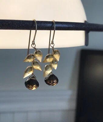Citrine Smoky Quartz Earrings Smokey Natural Briolette Dangle Leaf Design 14K GF - Image 1 of 4