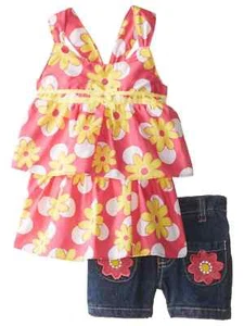 Young Hearts Infant Girls Pink Flower Shirt & Denim Shorts 2 PC Outfit 12 Months - Picture 1 of 1