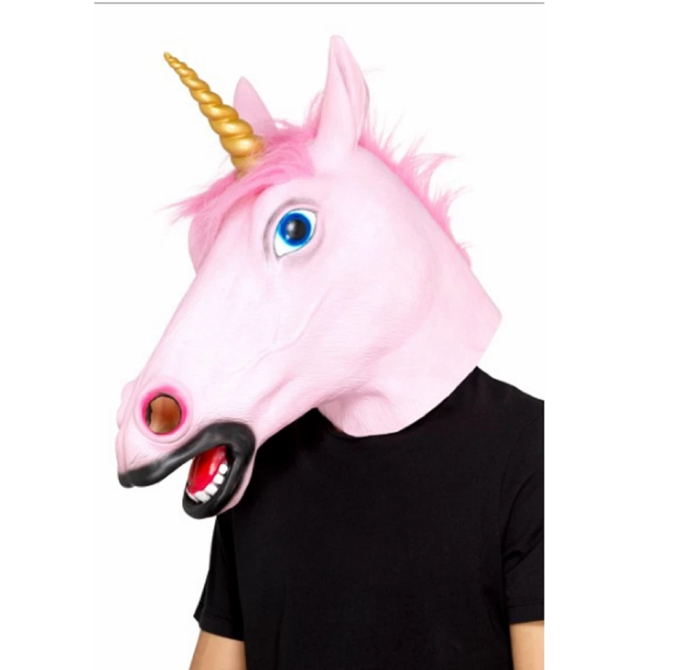 Adult Pink Unicorn Latex Overhead Fancy Dress Mask With Horn Costume Accessory - Image 1 of 1