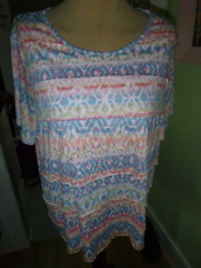 WOMANS SIZE 3X"ALFRED DUNNER"NEW PINK/BLUE/YELLOW LAYERED TIER FRONT TUNIC