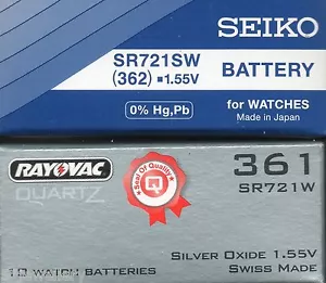 New SEIKO or RENATA watch battery 361 SR721W 362 SR721SW 1.55v button cell - Picture 1 of 2