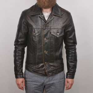 Levis vintage heavy leather trucker jacket dark brown black tab - Picture 1 of 15