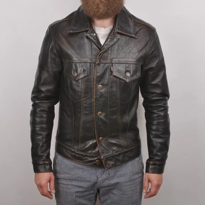 Levis 复古重型皮革卡车司机夹克深棕色黑色标签 — 第 1/4 张图片