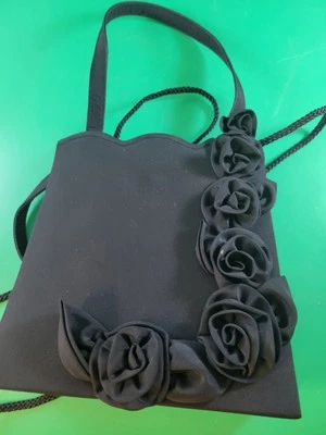 Sasha Black Hard Shell Evening hand Bag Purse Black Roses with crossbody as well - Image 1 of 4