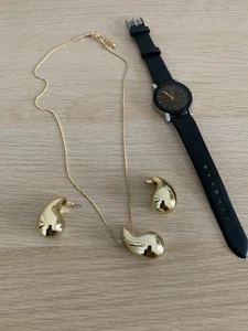 Gold plated Vintage Glossy Snake chain beans pendant earrings set with watch - Picture 1 of 12
